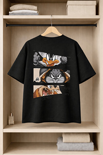 VANTINA Unisex Looney Tunes Mixed Print Oversize Cotton Crew Neck Short Sleev...