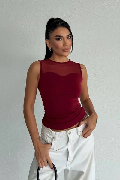 hazelin Women's Burgundy Sleeveless Lycra Tulle Detail Sandy Blouse Hzl26W-Fr...
