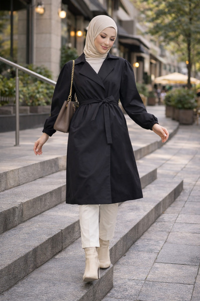 QUBERZ Kadın Oversize Trençkot Günlük Şık Balon Kol Belden Bağlamalı Su ve Rü...