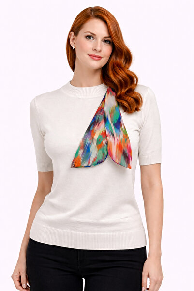 Neden Tekstil Ecru Scarf Collar Short Sleeve Knitwear Sweater