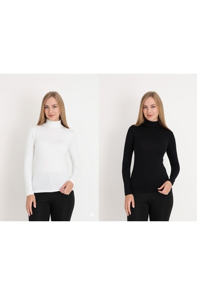 MissKATRE Women's Long Sleeve Turtleneck High Neck Badi Black and White 2-Pack
