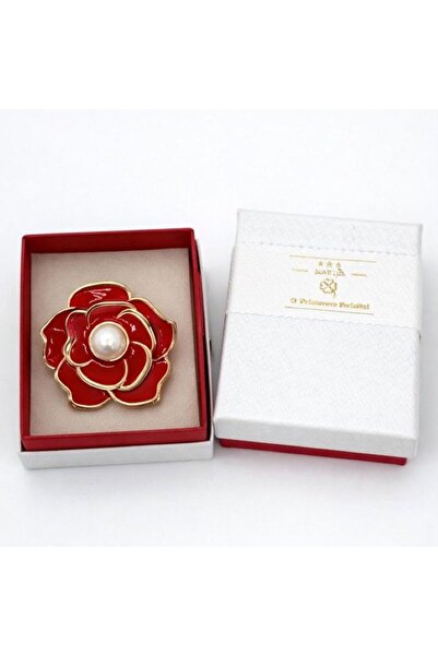 OEM Elegant Red Flower Brooch with Central Pearl, Gold Finish, Classic Design