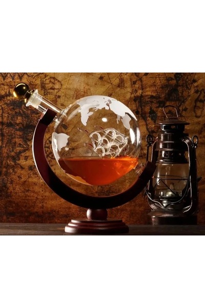 Belle Vie Dünya Küresi Viski Dekantörü – Gemi Figürlü Globe Cam Şişe & Ahşap ...