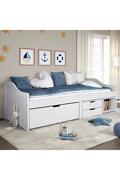 Concept Pat de zi cu 3 sertare „IRUN”, alb, 90x200 cm, lemn masiv de pin