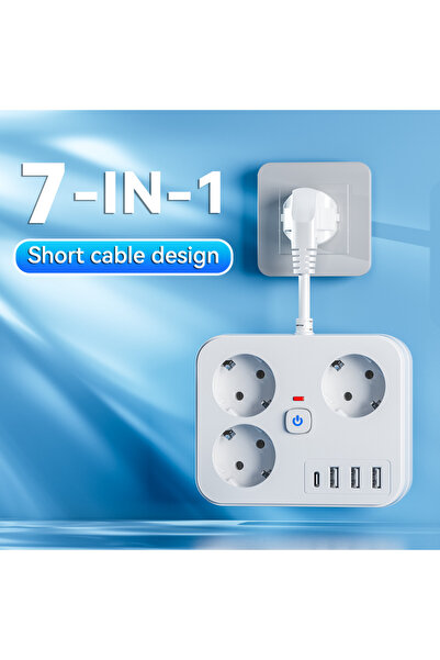 Choice1 قابس أوروبي - كابل أبيض قصير - شريط توصيل كهربائي 7 في 1 قابل للتمديد...