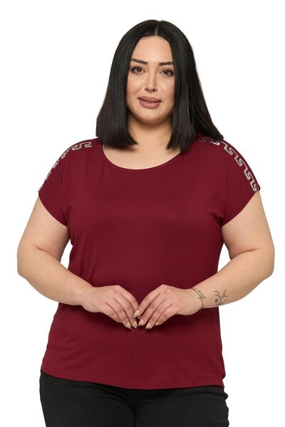 DISENTIS MODEST Plus Size Low Short Sleeve Burgundy Blouse with Stripe Patter...