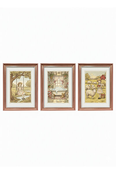D&D 3’lü Vintage Nursery Tablo Seti | Kız Çocuk Odası Pembe Çerçeveli Tablo