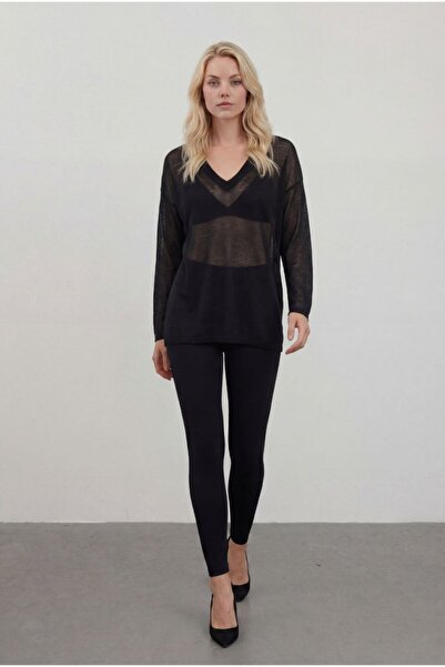 Auroveen Oversize V-Neck Transparent Long Sleeve Knitted Blouse Av2013