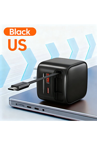 choice2 شاحن هاتف أمريكي أسود من نوع USB-C مع كابل USB-C قابل للسحب، متوافق م...