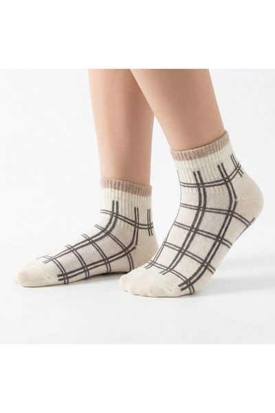 Lexaly 3 pieces of girls' socks with a checkered pattern (cream)