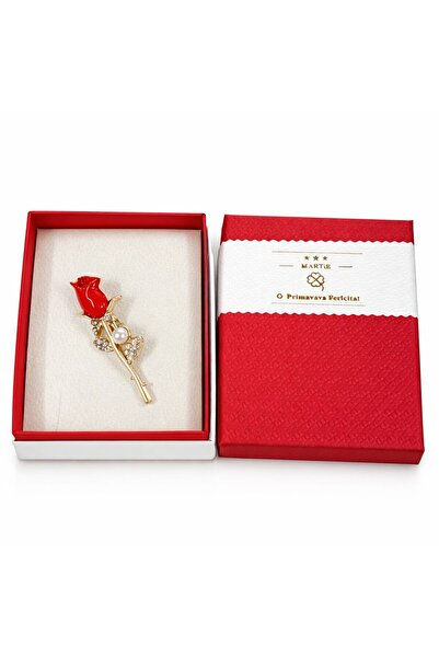 OEM Elegant Red Rose Brooch with Pearl and Crystals, Gold Finish