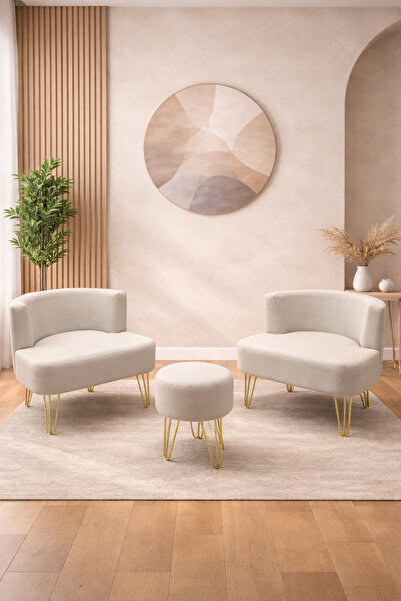 AY CONCEPT PURE 2'li Çay Seti Berjer Ve Puf Takımı KETEN KUMAŞ