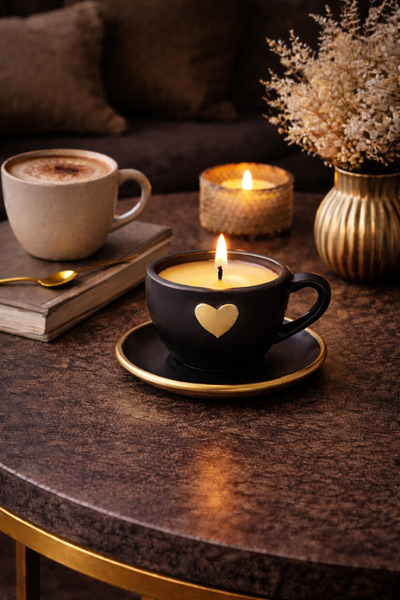 Sabletscrafts Lüks Siyah Gold Fincan Mum | Dekoratif Kahve Fincanı Mumluk – P...
