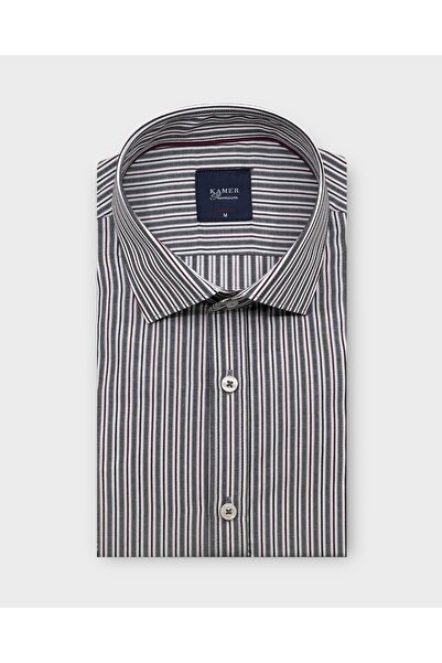 KAMER Men's Slim Fit Long Sleeve Brit Collar Pocketless Striped Gray Burgundy...