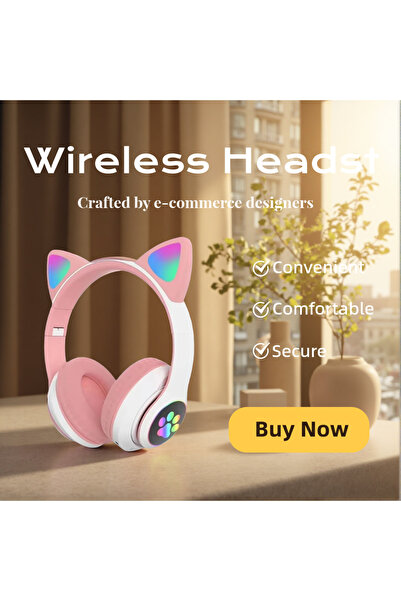 choice2 Pink Cat Bluetooth Headphones Wireless Over-Ear Headset with Mic Comf...