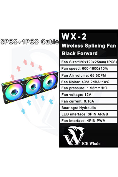 Choice7 يحافظ على البرودة تبريد لاسلكية ICE Whale WX-2 ARGB مقاس 12 سم، لون أ...