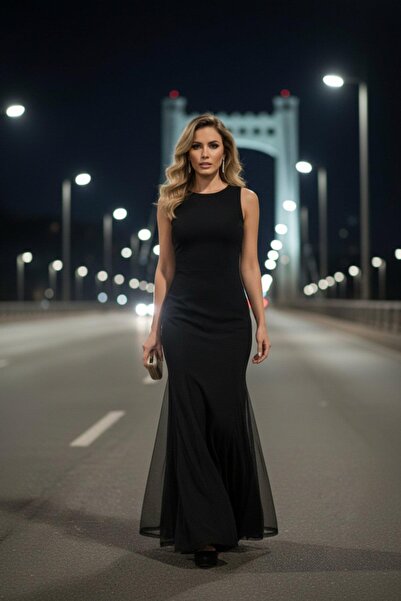 Mossta Crew Neck Imported Crepe Dress with Tulle Detail at the Hem - Black