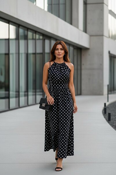 Mossta Halter Neck Polka Dot Maxi Length Knitted Crepe Dress - Black