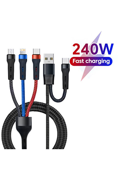Choice1 سلك شحن سريع أسود 3 في 2 بقوة 240 واط، كابل شحن Micro USB Type C بطول...