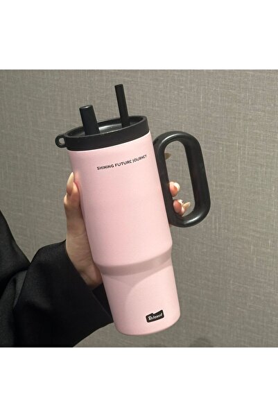 Choice 750ml Pink 720ML Stainless Steel Thermos Cup with Straw & Handle Ice C...