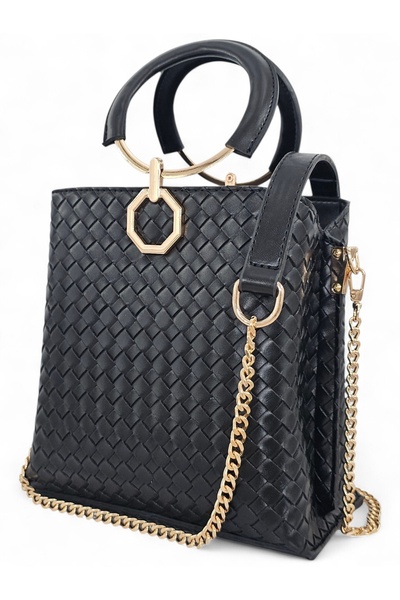 Evident Black Knitted Patterned Ring Handle Chain Strap Hand and Shoulder Wom...