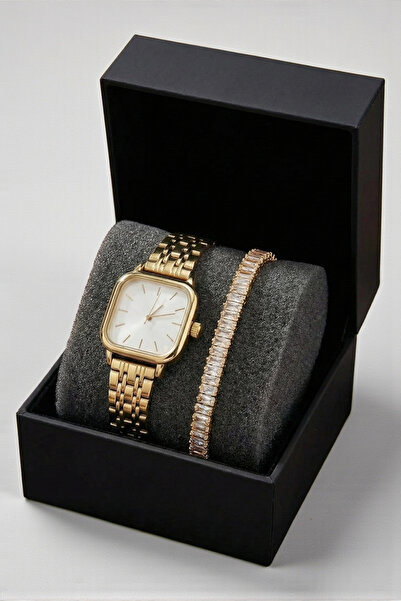 Letrovis Minimalist Kadın Gold Renk Saat & Çelik Su Yolu Bileklik Seti