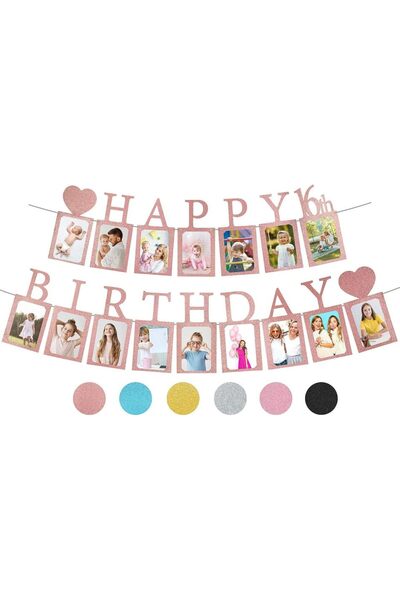 Choice5 لافتة صور ذهبية وردية اللون مزينة بشعار عيد الميلاد السادس عشر، مع بط...