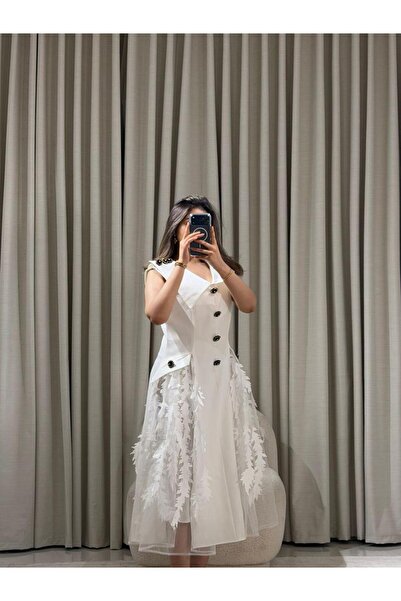 Verona White midi dress with a formal design and 3D leaf embroidery