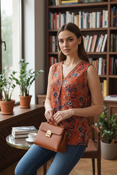 Mossta V-Neck Sleeveless Patterned Single Jersey Blouse - Orange