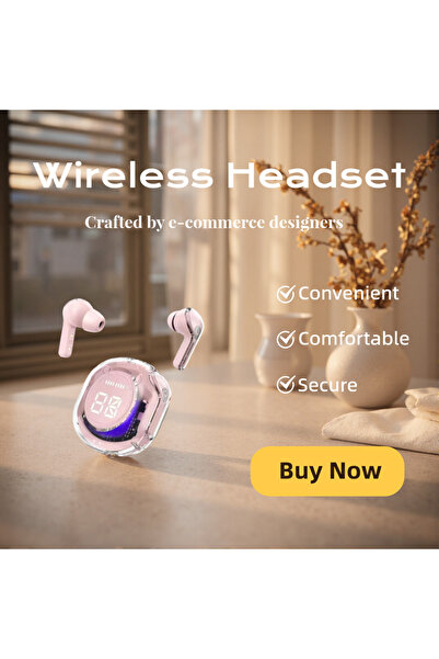 Choice1 سماعات أذن لاسلكية شفافة وردية اللون تعمل بتقنية البلوتوث، مزودة بميك...