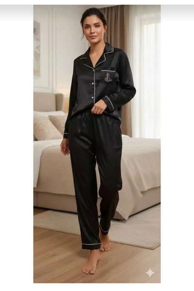 CHARM Lingerie Women's Satin Long Sleeve Buttoned Pajama Set