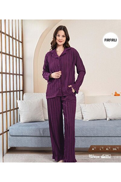 İpek Women's Long Sleeve Front Buttoned Ruffle Detailed Pajama Set
