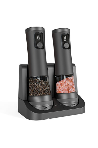 Choice1 طقم مطحنة ملح وفلفل كهربائية أوتوماتيكية سوداء اللون مع قاعدة قابلة ل...