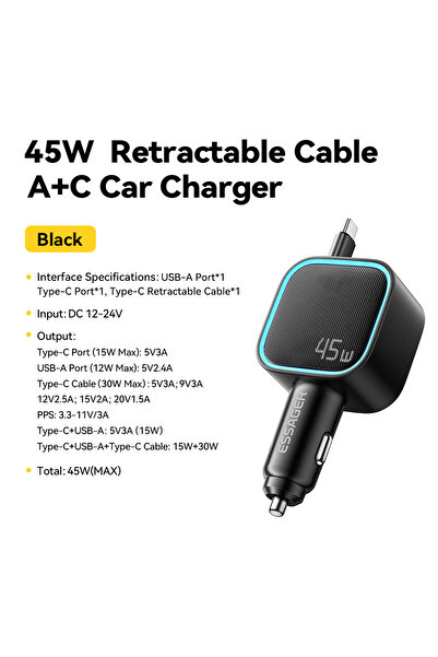 Choice شاحن سيارة ESSAGER بقوة 45 واط، أسود اللون، يدعم الشحن السريع بتقنية P...