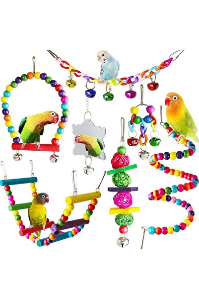 Choice مجموعة ألعاب خشبية للببغاء بألوان عشوائية، 7 قطع، ألعاب طيور، قفص، ملح...
