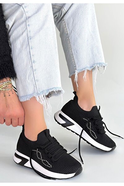 alfaze Siyah Triko Beyaz Taban Ortopedik Bağcıklı Spor Ayakkabı Topuk Boyu 3 Cm