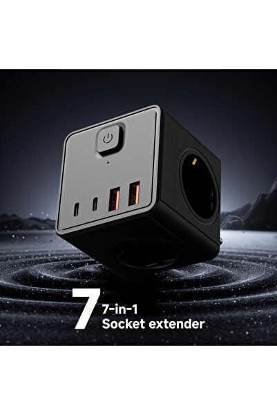 Choice EU Plug black 7-in-1 square power strip with 3 AC skets, 2 USB ports, ...