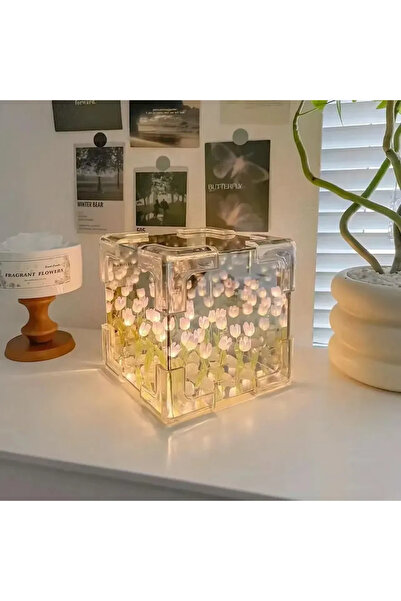 Choice مصباح مكعب مرآة على شكل زهرة توليب بنفسجية مصنوعة يدويًا، مصباح طاولة ...