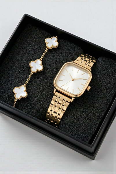 Letrovis Minimalist Kadın Gold Renk Kadran & Çelik Yonca Bileklik Seti