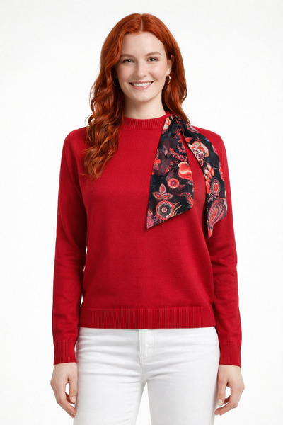 Neden Tekstil Red Scarf Detailed Half-Throat Knitwear Sweater