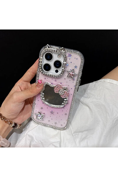 Choice51 غلاف هاتف وردي مرصع بمرآة مكياج ونجوم لامعة لهاتف آيفون 15، متوافق م...