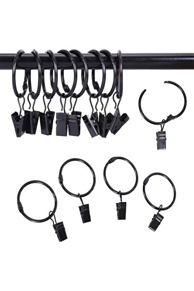 Choice حلقات ستائر سوداء بقطر 3.8 سم، عبوة من 12 حلقة مع مشابك، قابلة للفتح، ...