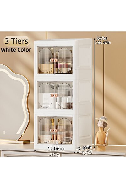 Choice1 منظم مكياج مكتبي قابل للطي بثلاث طبقات باللون الأبيض، خزانة تخزين متع...