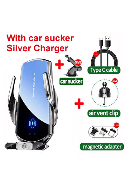 Choice شاحن سيارة لاسلكي فضي اللون مزود بقاعدة تثبيت مغناطيسية سريعة الشحن، ح...
