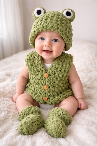 Alize Puffy Mini Kurbağa Bebek Takımı – El Örgüsü 3’lü Set