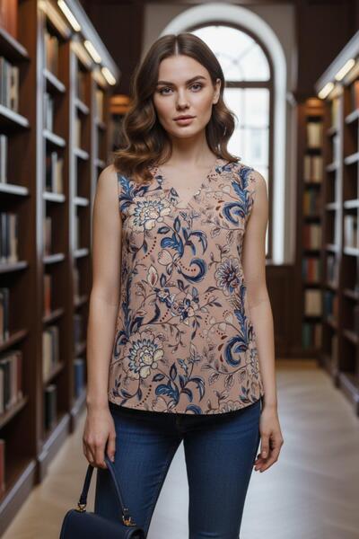 Mossta V-Neck Sleeveless Patterned Single Jersey Blouse - Beige