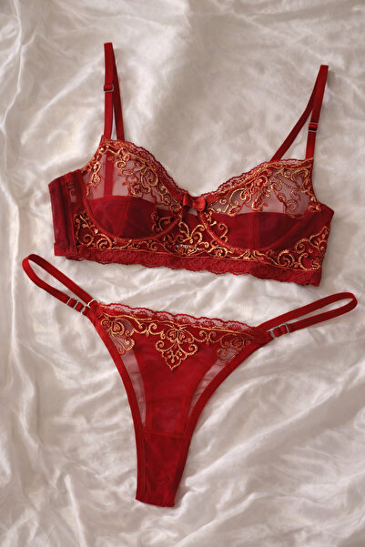 Luvia Lingerie kırmızı gold işlemeli dantelli kadın balenli 2'li takım iç çam...