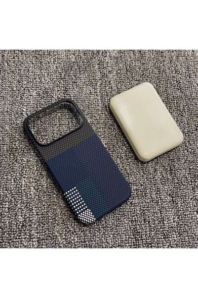 Choice13 غلاف هاتف آيفون 17 برو ماكس أزرق اللون جلد ملمس ألياف الكربون، مزود ...