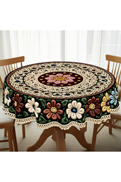 Choice مفرش طاولة دائري بمقاس 152×152 سم، بنقشة زهور عتيقة، بنقشة زهور مضاد ل...