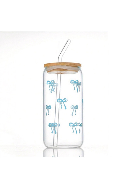 Choice1 كوب زجاجي أزرق (قطعة واحدة) وكوب زجاجي وردي/أزرق مزين بفيونكة لطيفة س...